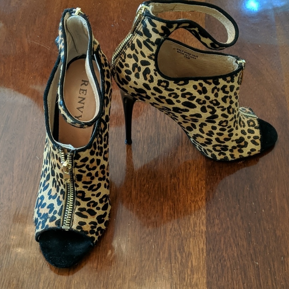 Renvy Leopard Calf Hair Peep Toe Booties